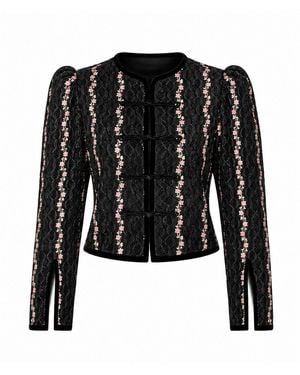 Rose & Nancy Queenie Floral Print Velvet Trim Military Jacket - Black
