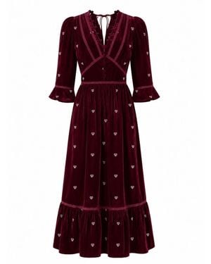 Rose & Nancy Giselle Burgundy Embroidery Velvet Midi Dress - Red