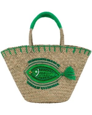 OhSun Neutrals Dory Straw Embroidered Beach Bag - Green