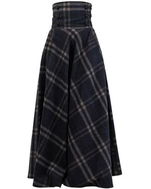Nikka Place Wool Tartan Floor Length Skirt With Ultra High Waist - Blue