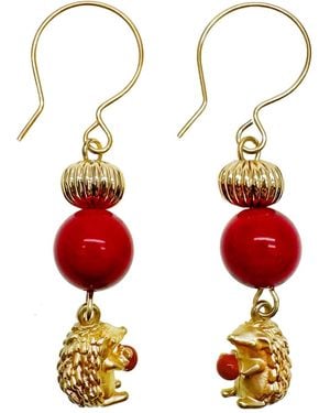 Farra Coral Hedgehog Dangle Hoop Earrings - Red
