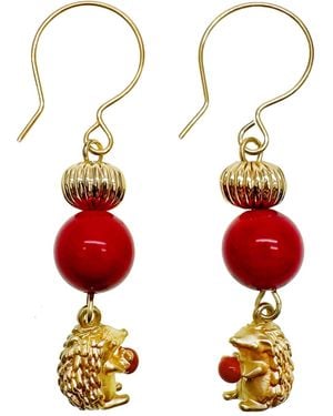 Farra Coral Hedgehog Dangle Hoop Earrings - Red