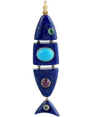 Artisan 14K Lapis Lazuli Fish Pendant With, Emerald, Ruby & Moonstone - Blue