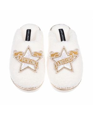 Laines London Neutrals Teddy Closed Toe Slippers With & Fucking Fabulous Brooches - White