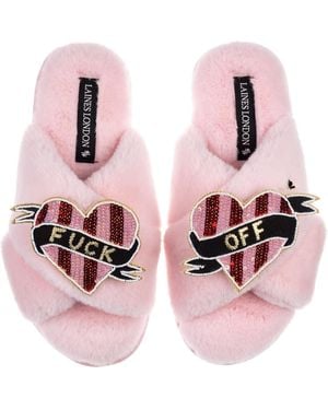 Laines London Classic Laines Slippers With & Stripe Heart Fuck Off Brooches - Pink