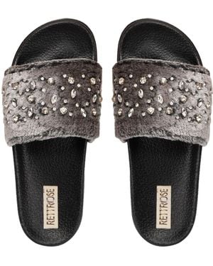 Rettrose Sienna Luxury Plush Diamanté Embellished Handmade Sliders - Black