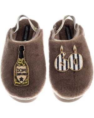 Laines London Neutrals Flatform Cloud Closed Toe Slippers With Stripe 60Th Birthday & Dom Darling Brooches - Brown
