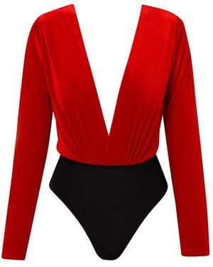 LIA ARAM Two-Tone Velvet Bodysuit - Red