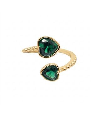 Harfi Double Heart Emerald May Birthstone Adjustable Plated Ring - Green