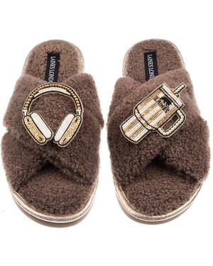 Laines London Neutrals Laines Neutral Boucle Slippers With Headphones & Quencher Brooches - Brown