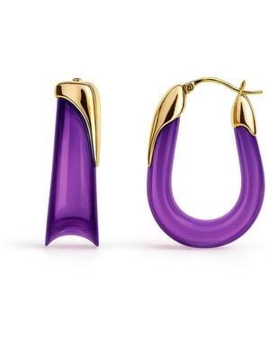 Gold & Honey Amethyst Sculpted U Lucite Birthstone Hoop Earrings - Purple