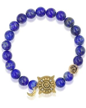 Aurozia Three Charms Solar Meridian Whitegold Plated Sundial And The Sun Coin Lapis Lazuli Beaded Bracelet - Blue