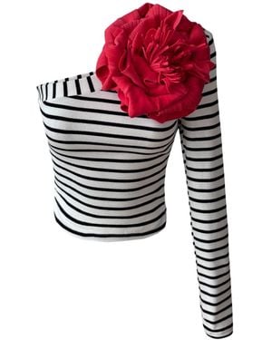 London Atelier Byproduct Striped One Sleeve Top With Flower Pin - Red