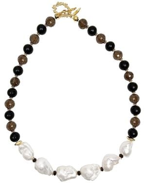 Farra Quartz And Obsidian With Baroque Pearl Statement Necklace - Black