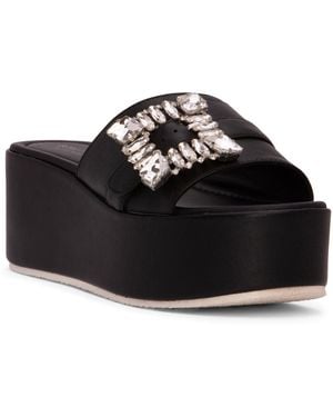 Beautiisoles by Robyn Shreiber Made in Italy Dita Leather Comfortable Wedge Sandal Espadrille Slide With Jewellery For Elegant Work & Evening - Black