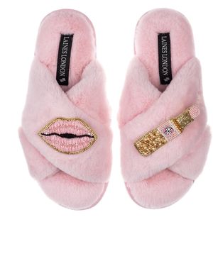 Laines London Classic Laines Slippers With Lipstick & Lips Brooches - Pink