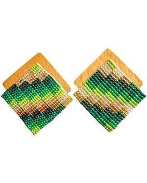 Iliana Arrazola Minimalist Deconstructed Knot, Hoop Earrings, Glass Beads, Beaded Jewellery - Green