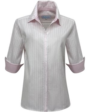 Perlavera Sam Blush Stripe Hidden Placket Three Quarter Sleeve Slim Fit Cotton Oxford Shirt - Grey