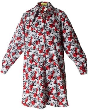 Janara Jones Sculls And Poppies Print Cotton Mini Shirt Dress - Red