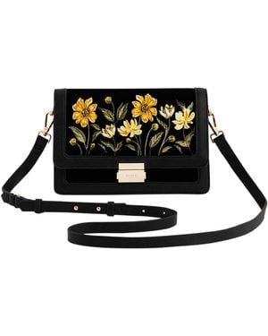 Fable England Botanical Velvet Embroidered Foldover Bag - Black