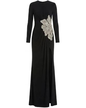 Mac Duggal Long Sleeve Jersey Gown With Embellished Flower - Black