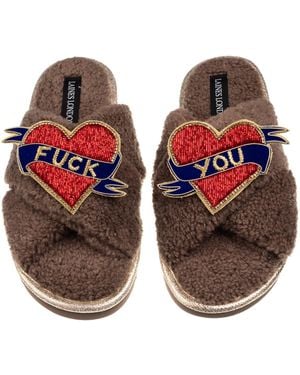Laines London Neutrals Laines Neutral Boucle Slippers With Fuck You Brooches - Orange