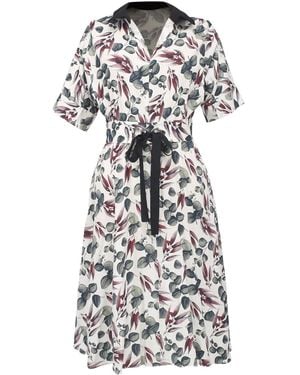 Smart and Joy Fit-And-Flare Leaves Print Dress With Wide Belt - White