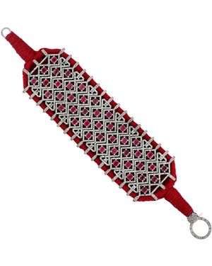 Artisan 925 Sterling Ruby & Diamond Thread Bracelet - Red