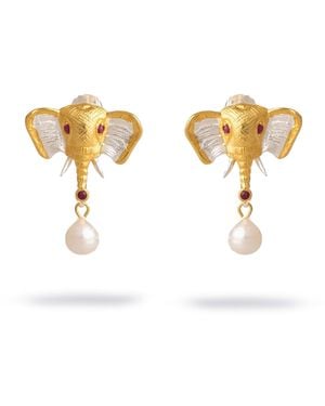 Ebru Jewelry Guardian Elephant Ruby & Pearl Earrings - Metallic