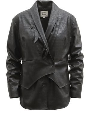 Julia Allert Croc-Effect Faux Leather Wrap Blazer Jacket – - Black