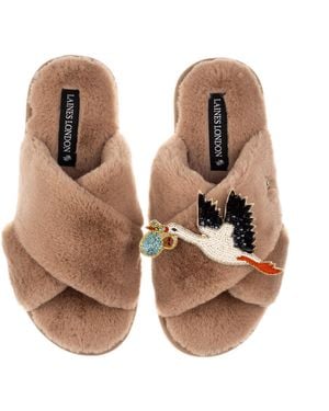 Laines London Neutrals Toffee Classic Laines Slippers With Baby Boy Stork Brooch - Brown