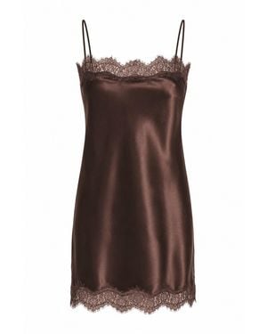 Lily Rou Chocolate Lace Trim Mini Silk Slip Dress - Brown