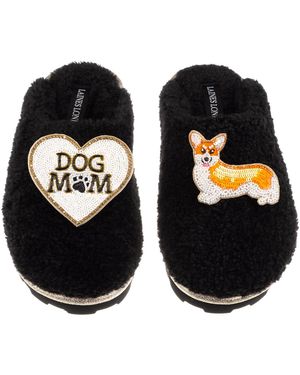Laines London Teddy Closed Toe Slippers With Dog Mum/Mom & Peach The Corgi Brooches - Black