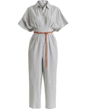 Paisie Striped Jumpsuit With Waist Pleats - Gray