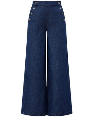 Yumi' Chambray Wide Leg Trousers With Button Details - Blue