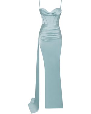Miss Circle New York Elayna Pale Strappy Satin Corset High Slit Gown - Blue
