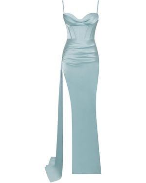 Miss Circle New York Elayna Pale Strappy Satin Corset High Slit Gown - Blue