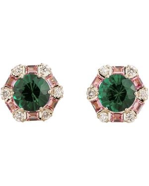 Juvetti Melba Emerald, Sapphire & Diamond Halo Hexagon Stud Earrings - Green