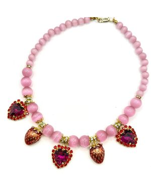 Achala Handcrafted Cat Eye Stone Necklace With Heart & Strawberry Charms - Red