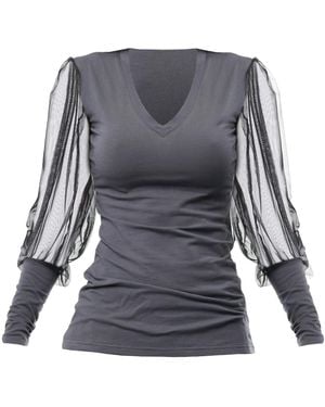 Metamorph V-Neck Casual Top With Tulle Sleeves - Gray