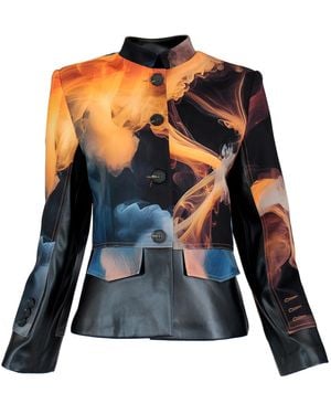 Lalipop Design Cropped Jacket With Vegan Leather Trim And Digital Flame Print - Blue