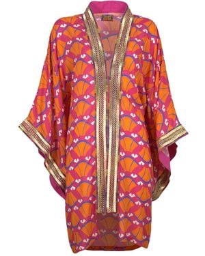 Lalipop Design Multi-Color Abstract Viscose Kimono Embellished With Golden Embroidery Details - Red