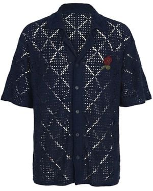 Modenaire Open Knit Short Sleeve Shirt With Floral Embroidered Detail - Blue