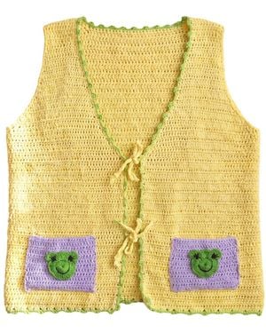 Ana Chic Froggy Pocket Handmade Crochet Waistcoat - Yellow