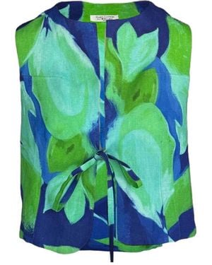 Haris Cotton Front-Tied Printed Linen Vest Lagoon - Green