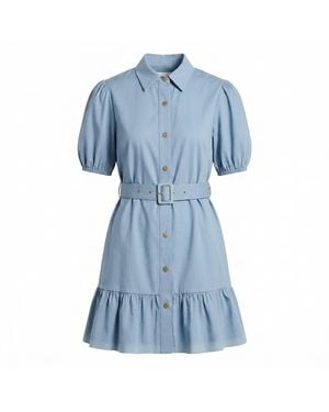 Modenaire Button Up Mini Dress Sculpted Sleeve - Blue