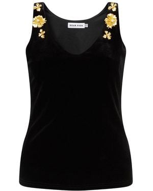 Sour Figs Floral Embellished Velvet Top - Black