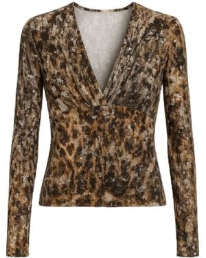 Conquista Leopard Sequin V-Neck Long-Sleeve Top - Brown