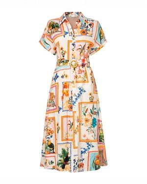Yumi' Neutrals Ivory Tropical Postcard Print Relaxed Midi Shirt Dress - Metallic