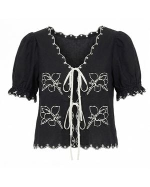 Modenaire Embroidered Blouse Sculpted Tie Front - Black